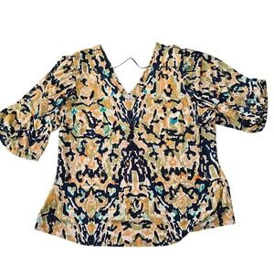 NIC+ZOE Womens 3X V‎ Neck 3/4 Sleeve Abstract Print Top Blouse